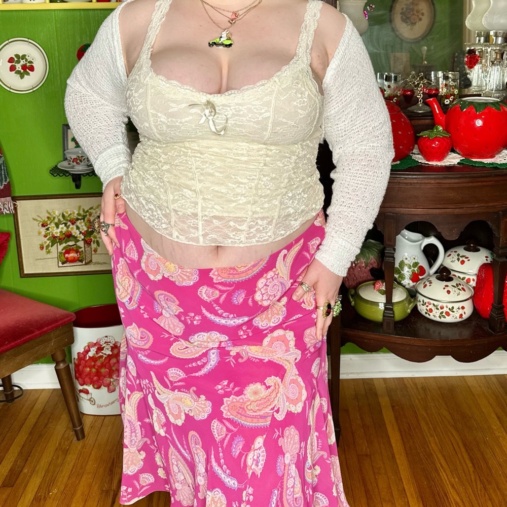 y2k fairycore boho pink, purple & orange paisley floral print midi skirt - Picture 6 of 6